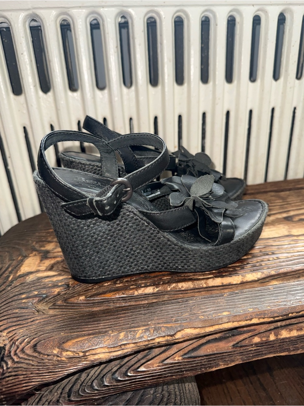EUC Born black leather wedge sandals with floral embellishments, size US 8